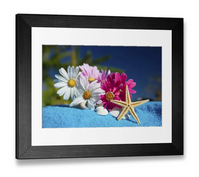 Framed Print : Tropical flowers and star fish for vacation