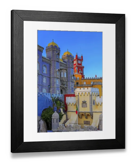 Framed Print : Pena castle red clock tower and blue mosaic towers in Sintra