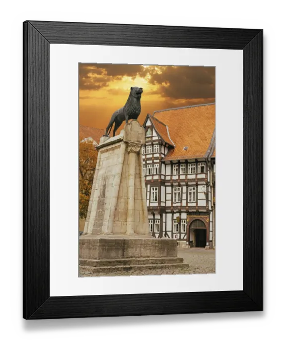 Framed Print : Lion statue and old timbered house in Braunschweig Framed Print : Lion statue and old timbered house in Braunschweig