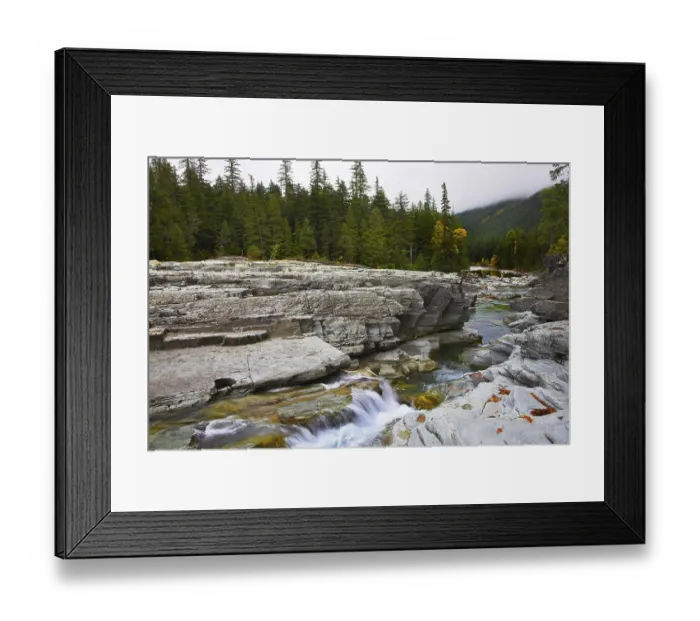 Framed Print : Cold stream and autumn fog in mountains