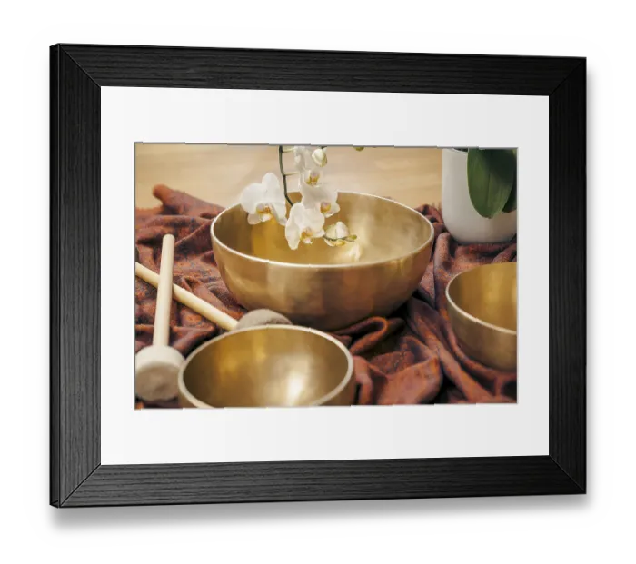 Framed Print : An image of some singing bowls and a white orchid Framed Print : An image of some singing bowls and a white orchid