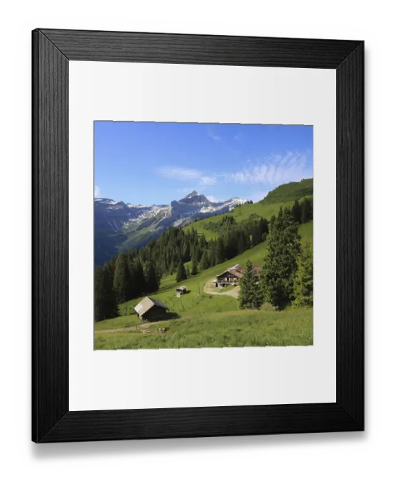 Framed Print : Green meadows in Topfelsberg and Mount Oldenhorn Framed Print : Green meadows in Topfelsberg and Mount Oldenhorn