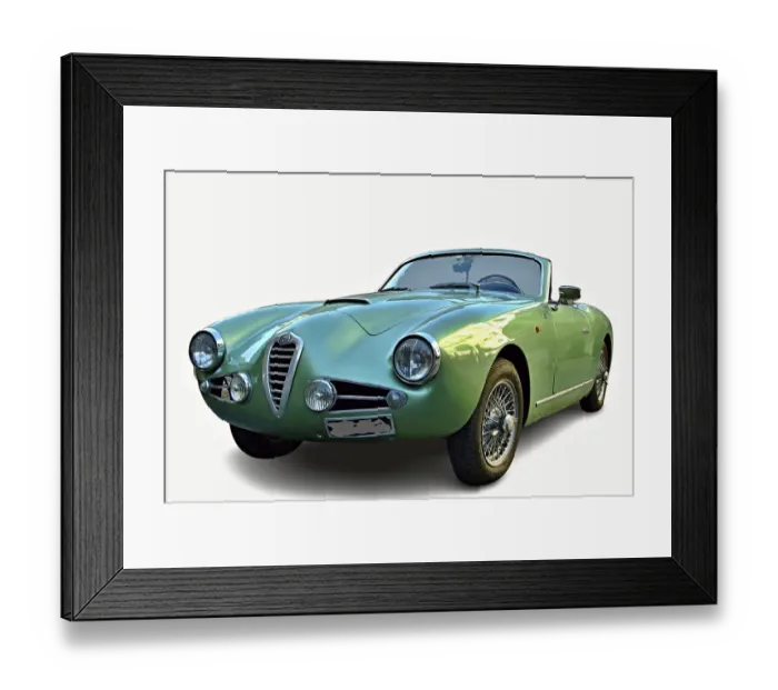 Framed Print : Classic Alfa Romeo 1900 C Sprint shining in green posing on white background
