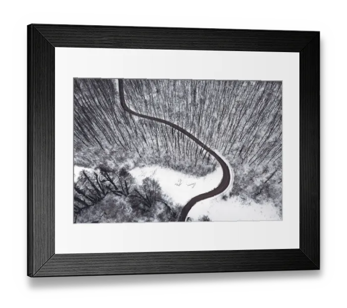 Framed Print : Winter forest and Road. Top view