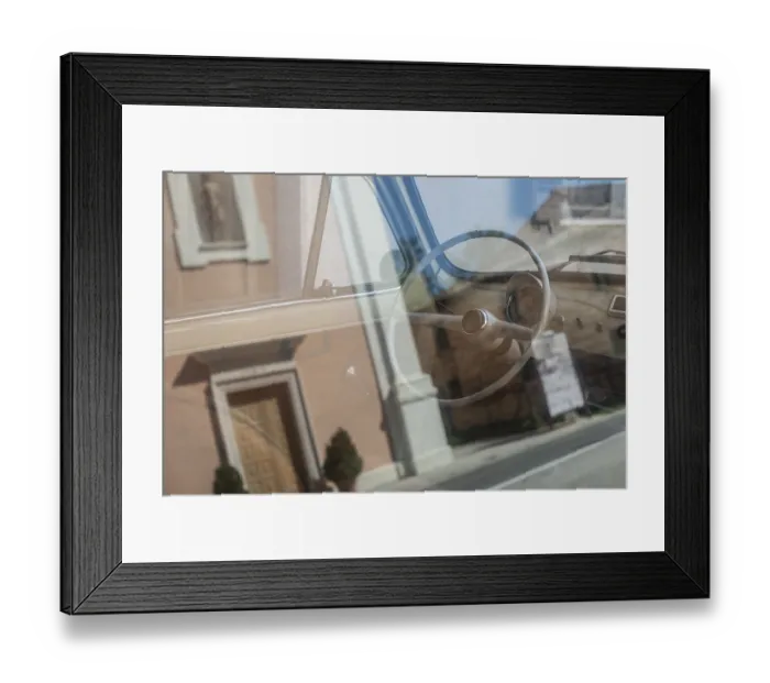 Framed Print : White interior of vintage car. White steering wheel