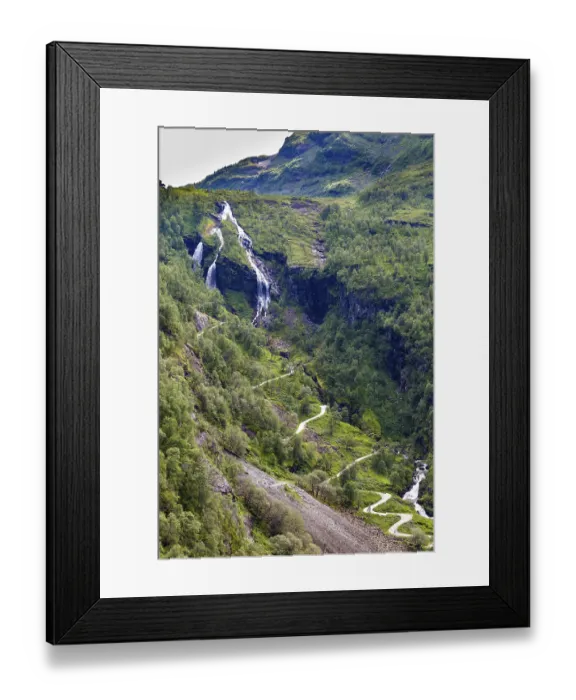 Framed Print : View on harpin bend road and waterfall from the most beautiful train journey Flamsbana between Flam Framed Print : View on harpin bend road and waterfall from the most beautiful train journey Flamsbana between Flam