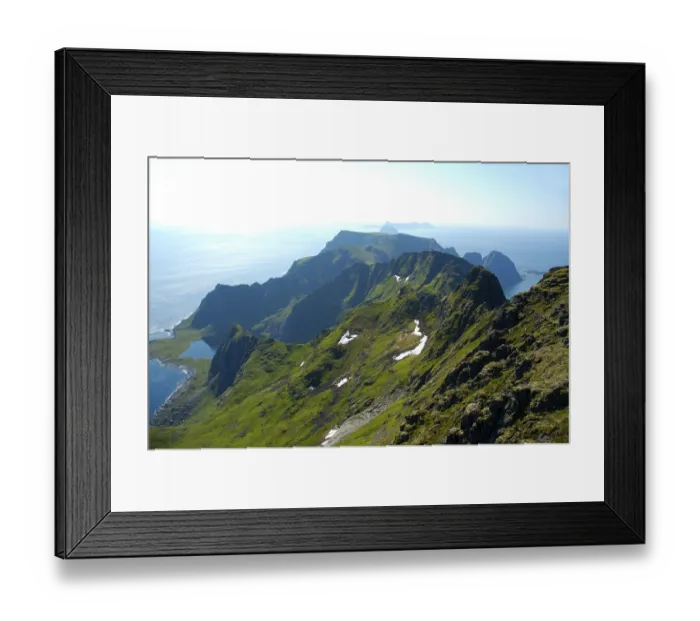 Framed Print : View from mountain Mannen over mountains and the sea Moskenesoya Lofoten Norway
