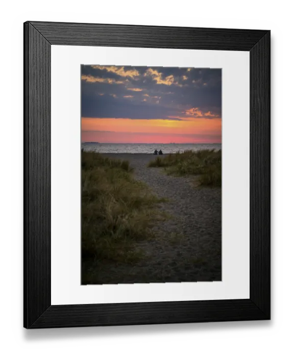 Framed Print : Couple sitting on the beach, Beach landscape with dune grass
