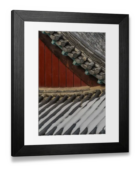 Framed Print : Fresh snow on tiled roof building at Buddhist temple in South Korea