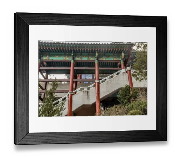 Framed Print : Low angle view of concrete staircase and pavilion at Buddhist temple in South Korea Framed Print : Low angle view of concrete staircase and pavilion at Buddhist temple in South Korea