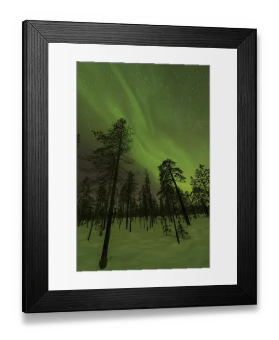 Framed Print : Northern Lights (Aurora borealis) over snowy landscape