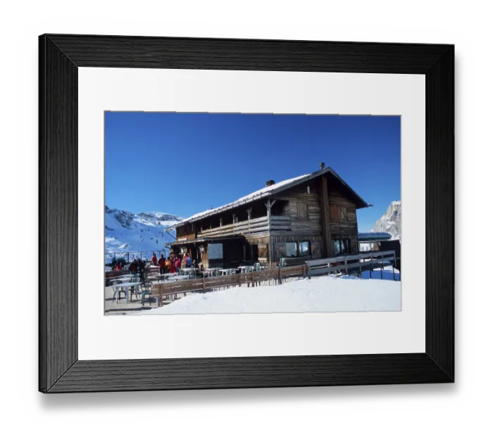 Framed Print : Ski hut at rock formation Cinque Torri in winter
