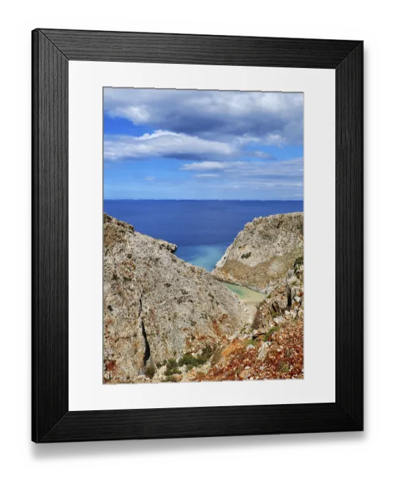 Framed Print : Vertical view of z-shaped lagoon in typical Greek or Cretan landscape on sunny summer day