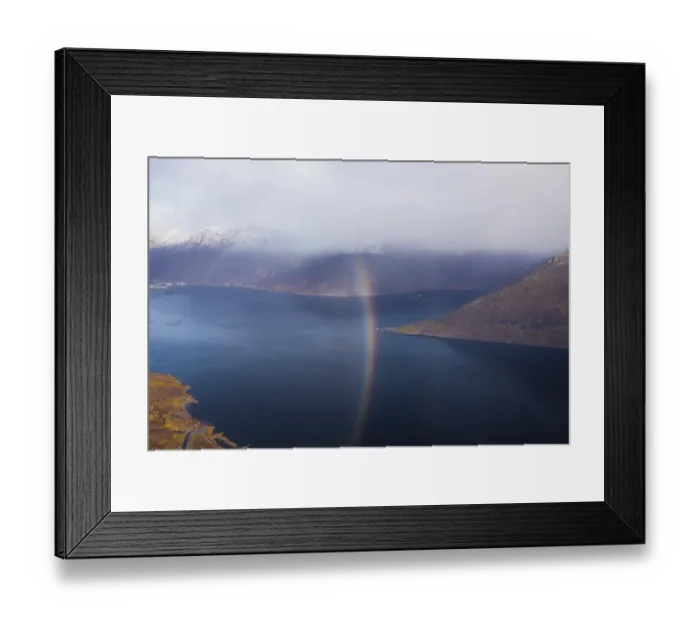Framed Print : Drone shot, rainbow over the village of Fjordgard Framed Print : Drone shot, rainbow over the village of Fjordgard