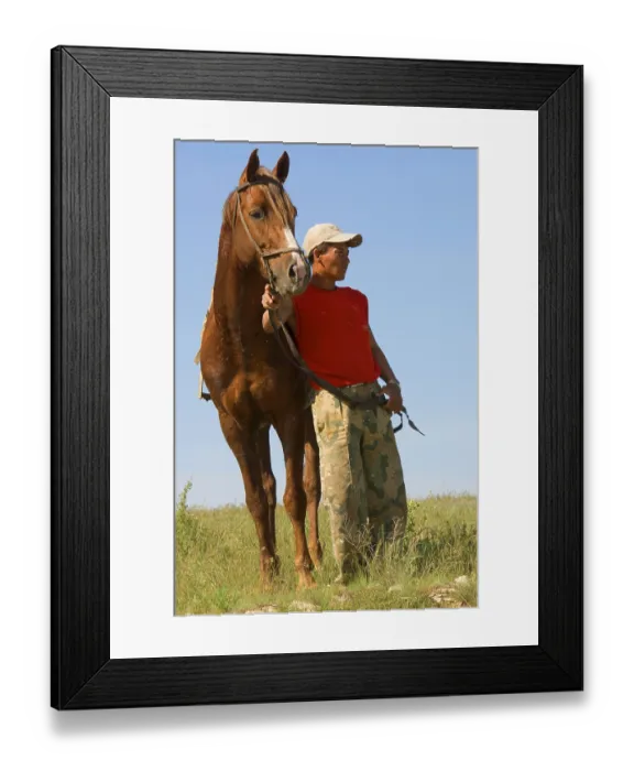 Framed Print : Kazakh with horse, Gabagly National Park