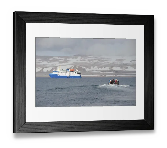Framed Print : Passengers returning after being ashore in Zodiac inflatable boats to the expedition cruise ship Framed Print : Passengers returning after being ashore in Zodiac inflatable boats to the expedition cruise ship