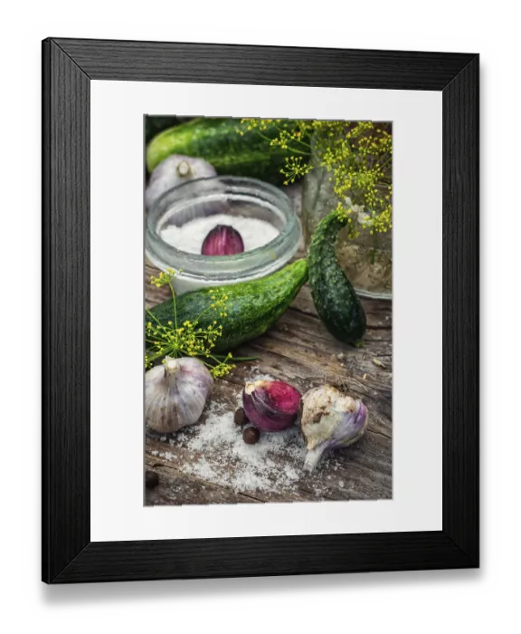 Framed Print : Cucumber pickled with dill and garlic on wooden table Framed Print : Cucumber pickled with dill and garlic on wooden table