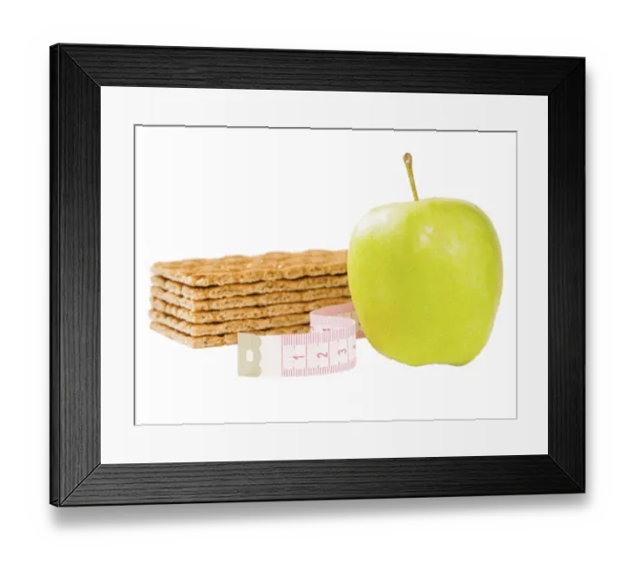 Framed Print : Measuring tape, crispbread and delicious green apple isolated on white
