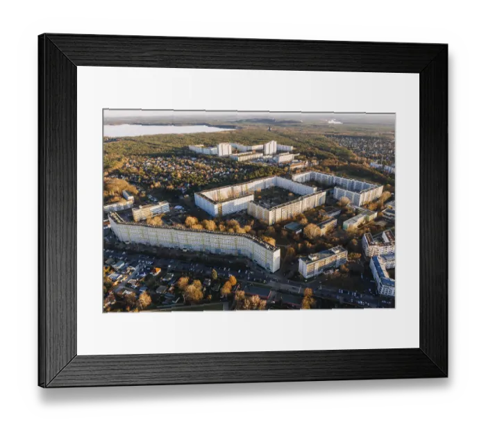 Framed Print : Aerial drone wideangle panorama photo of DDR Plattenbau in Berlin Kopenick