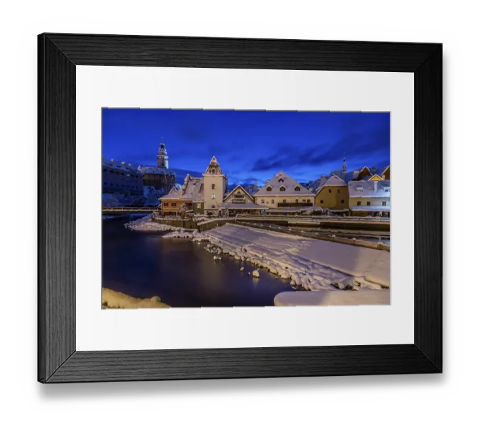 Framed Print : Winter view of Cesky Krumlov, picturesque houses under the castle with snow-covered roofs Framed Print : Winter view of Cesky Krumlov, picturesque houses under the castle with snow-covered roofs