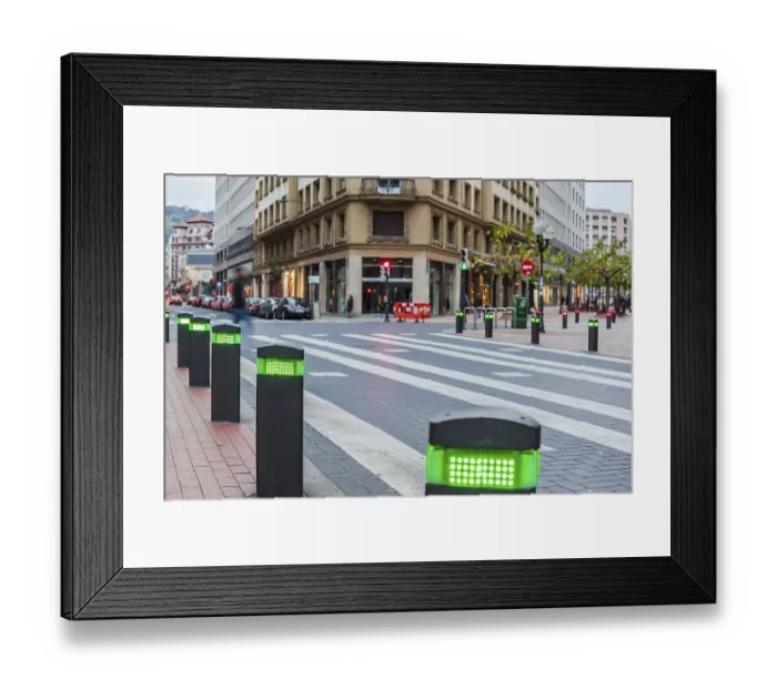 Framed Print : City centre in Bilbao, Spain with modern traffic lights posts on pedestrian crossing Framed Print : City centre in Bilbao, Spain with modern traffic lights posts on pedestrian crossing