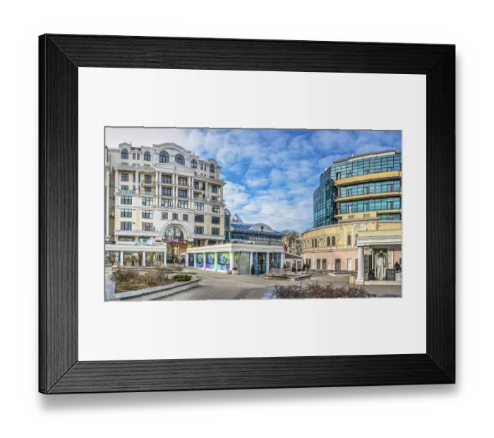 Framed Print : Odessa, Ukraine 16.02.2023. Modern buildings on Greek Square in Odessa