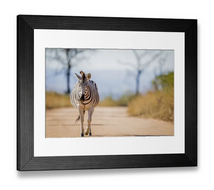 Framed Print : Zebra walking on the road in the Kruger National Park Framed Print : Zebra walking on the road in the Kruger National Park