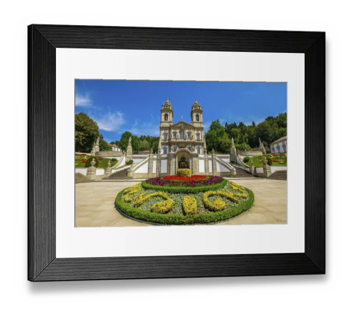 Framed Print : The spectacular facade of the Bom Jesus do Monte Sanctuary in neoclassical style surrounded by flowered gardens in a