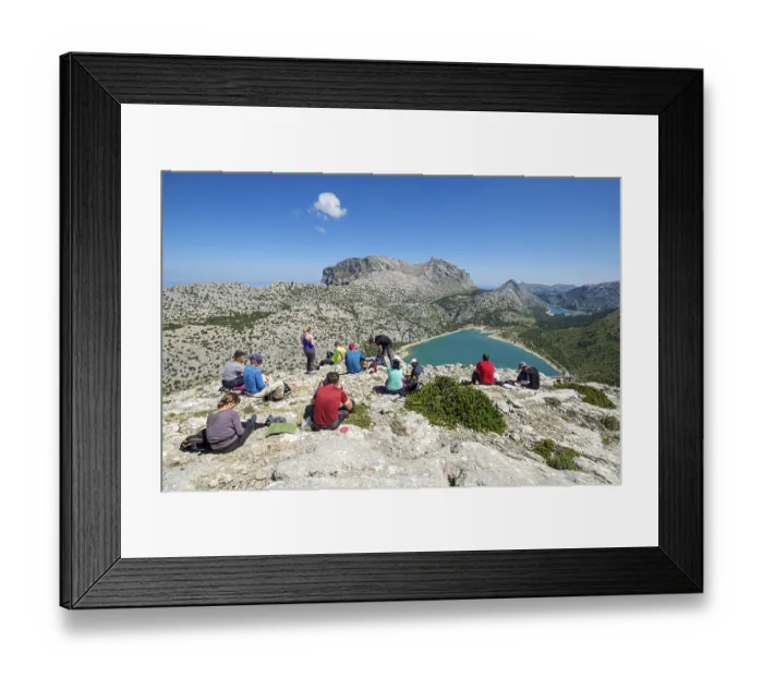 Framed Print : Group of hikers at the summit in front of the Cuber reservoir Framed Print : Group of hikers at the summit in front of the Cuber reservoir
