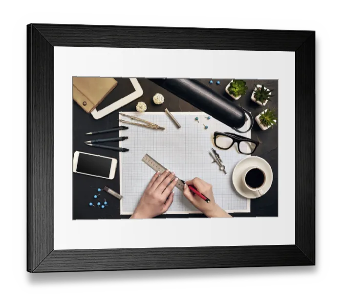 Framed Print : Office desk background hand with pen writing construction project ideas concept