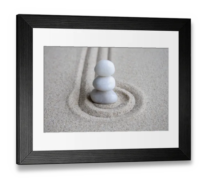 Framed Print : White Zen stones on circles formation with customizable space for text