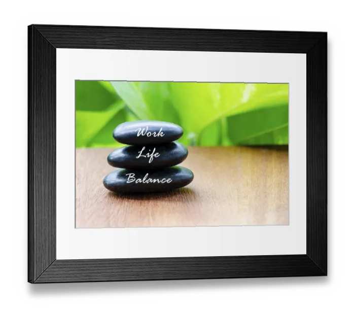 Framed Print : Work Life Balance text on black zen stones