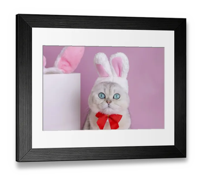 Framed Print : A funny white cat in a hat with bunny ears and a red bow tie sits on a pink background next to a white paper bag