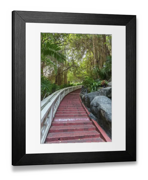 Framed Print : Garden with water features and sculptures at the steep staircase on the way up to the Wat Saket