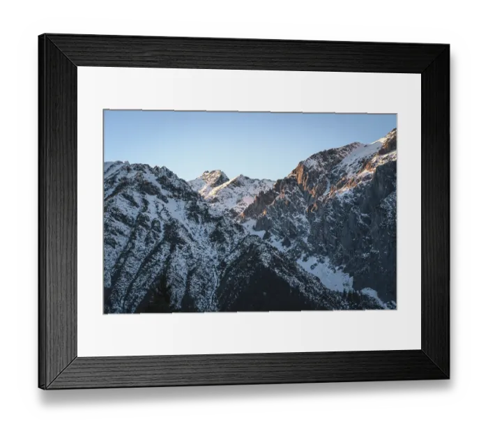 Framed Print : Sunset in rocky mountains with cloudless blue sky in Austrian Alps in Mieming