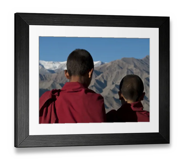 Framed Print : Two young monks looking across the Indus from the rooftop of Thikse Gompa Framed Print : Two young monks looking across the Indus from the rooftop of Thikse Gompa