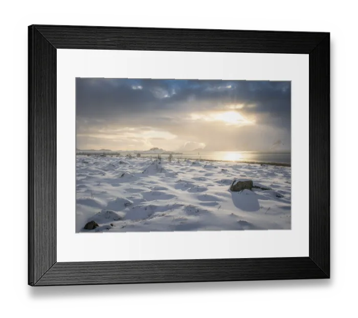 Framed Print : Snowy landscape at sea and fjord