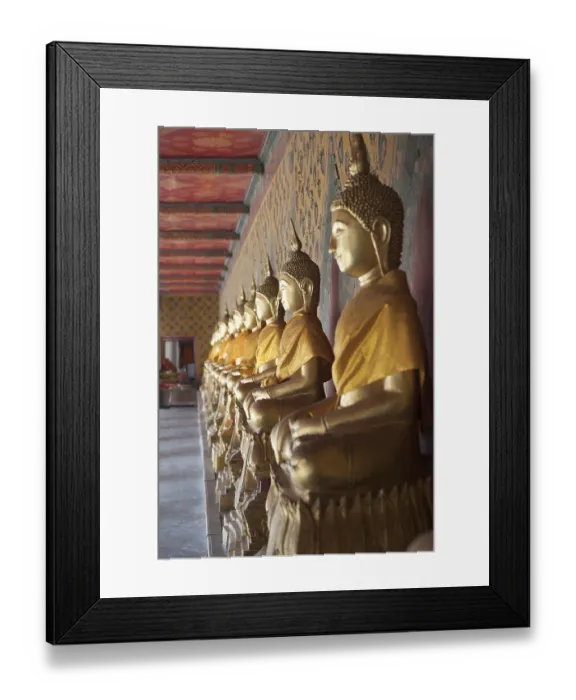 Framed Print : Golden seated Buddha statues in cloister of Ordination Hall at Wat Arun