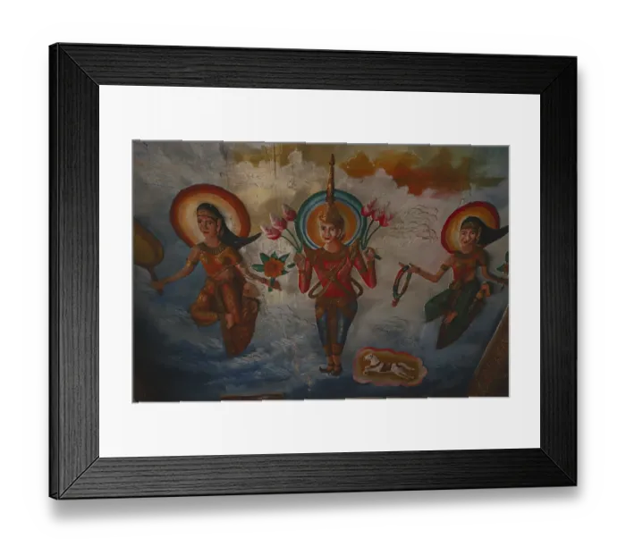 Framed Print : Elaborate wall decoration showing Buddhism Virtues in Sampov Pram Pagoda atop Preah Monivong National Park in Kampot