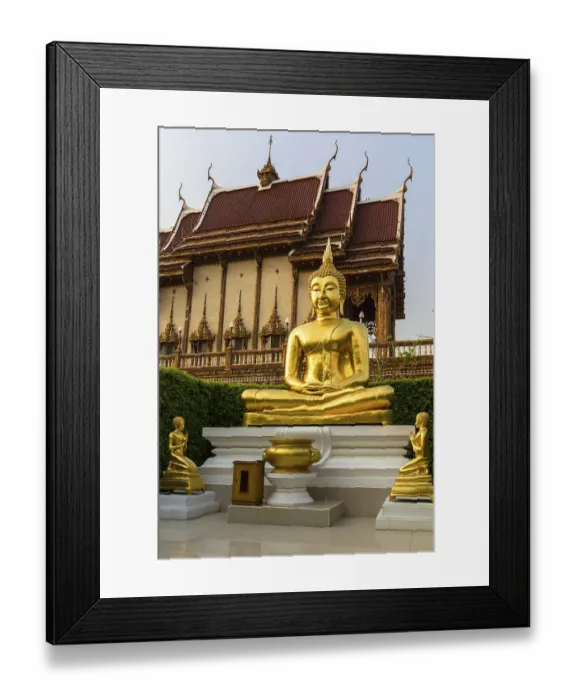 Framed Print : Golden Buddha statues in front of Wat Baan Rai Framed Print : Golden Buddha statues in front of Wat Baan Rai