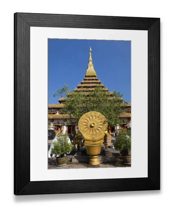 Framed Print : Wheel of Life in front of a nine-story Stupa Phra Mahathat Kaen Kakhon Framed Print : Wheel of Life in front of a nine-story Stupa Phra Mahathat Kaen Kakhon