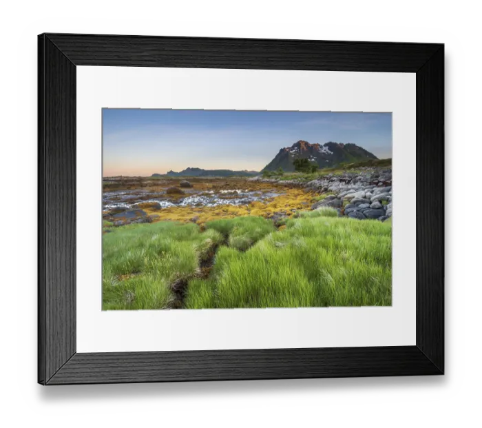 Framed Print : Rocky coast with grass and seaweed