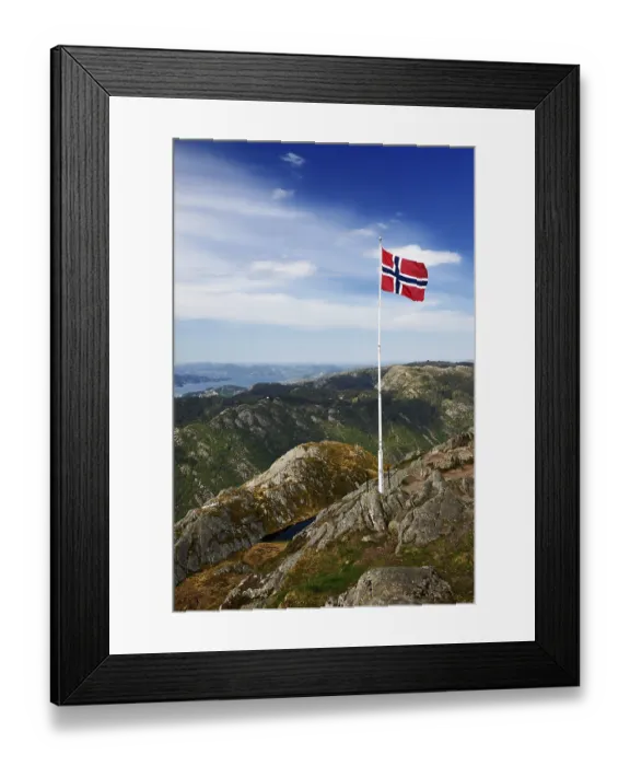 Framed Print : Norwegian Flag in mountains near Bergen Ulriken