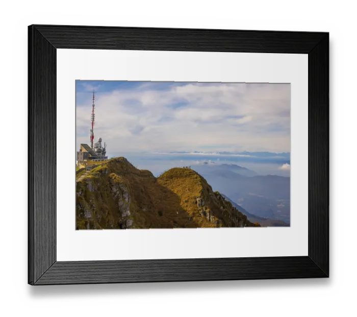 Framed Print : Aerial View over a Beautiful Meteorological and Communication Station on Mountain Peak
