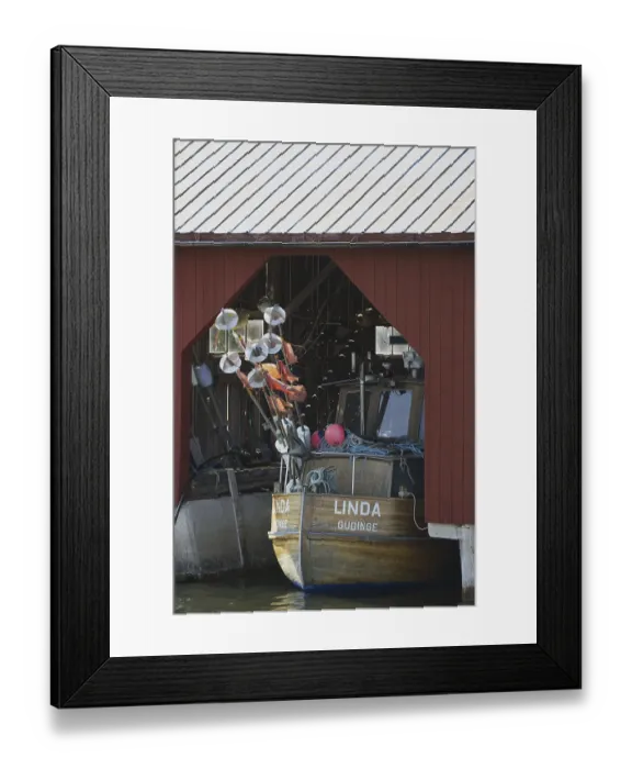 Framed Print : Fishing boat in boathouse, Gudinge Framed Print : Fishing boat in boathouse, Gudinge