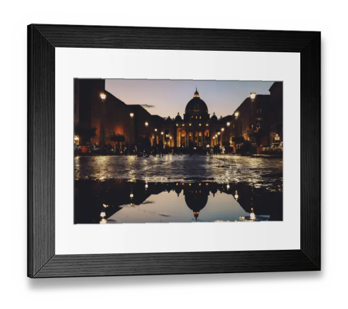 Framed Print : Panoramic night view of St Peter's Basilica with beautiful reflection in Vatican City