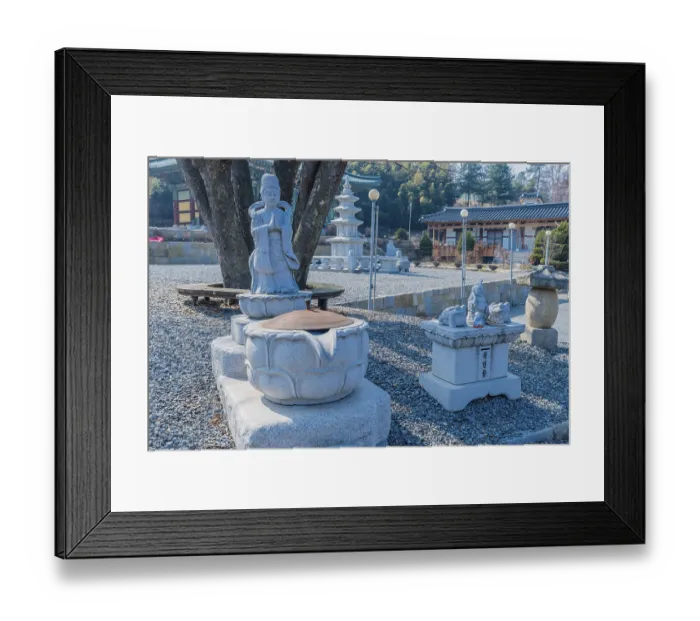 Framed Print : Standing Buddha in prayer and water cistern in front of tree at Sudosa Temple in Pyeongtaek Framed Print : Standing Buddha in prayer and water cistern in front of tree at Sudosa Temple in Pyeongtaek