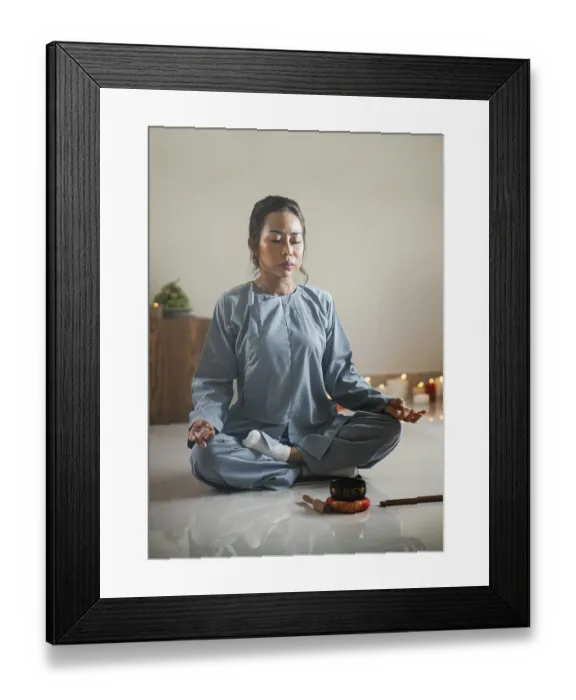 Framed Print : Woman meditating with singing bowl incense