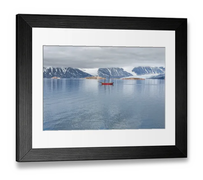 Framed Print : Glacier, mountains and sailing ship in a cloudy day in Svalbard islands