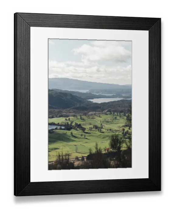 Framed Print : View of hilly landscape and a lake from Rainbow Mountain in Rotorua Framed Print : View of hilly landscape and a lake from Rainbow Mountain in Rotorua